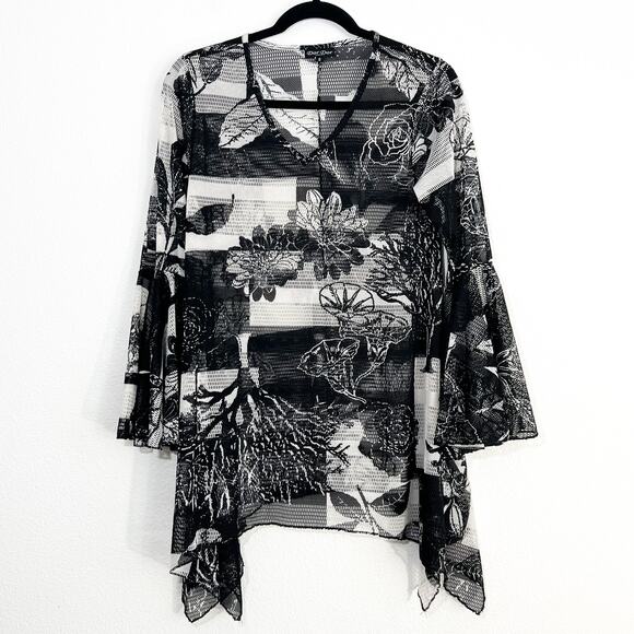 Dor Dor Couture Top Womens Mesh Floral Asymmetrical Boho Fairy Grunge Lagenlook - Picture 1 of 7